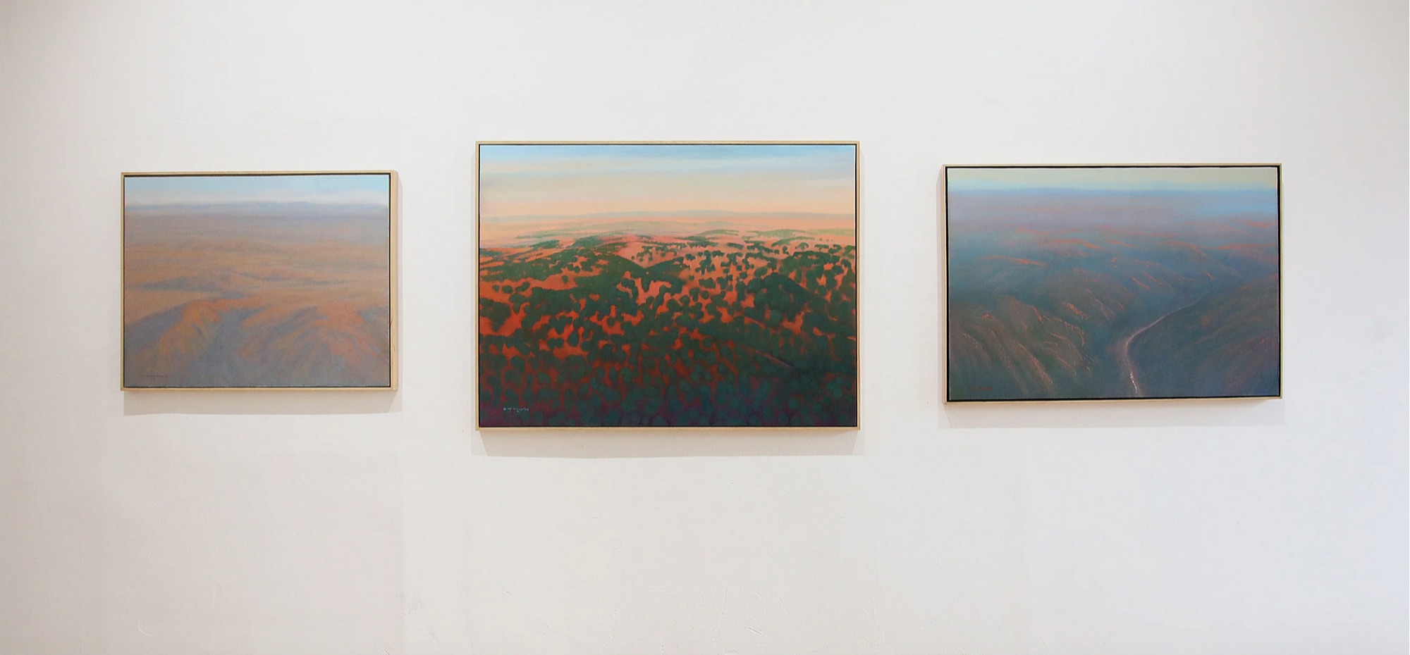 Three of Clive’s paintings on a white wall, Gippsland Hills in Summer in the centre and Haze over Tasmania on the right