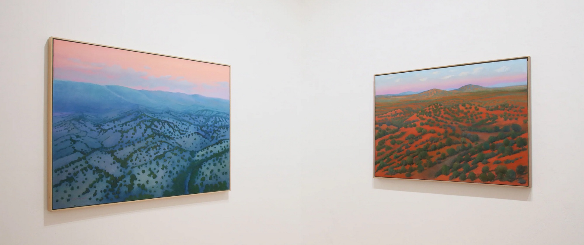 Dusk over the Strzelecki Ranges and a red desert painting hanging on a white gallery wall